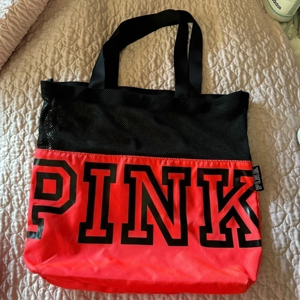 Victoria’s Secret Pink Tote Gym Beach Mesh Bag Black Pink carryall lightweight